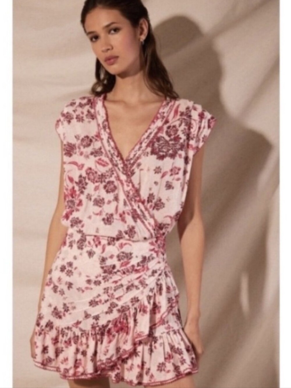 Poupette St. Barth Estelle V-Neck Mini Dress Pink Floral Print Ruffles S Small